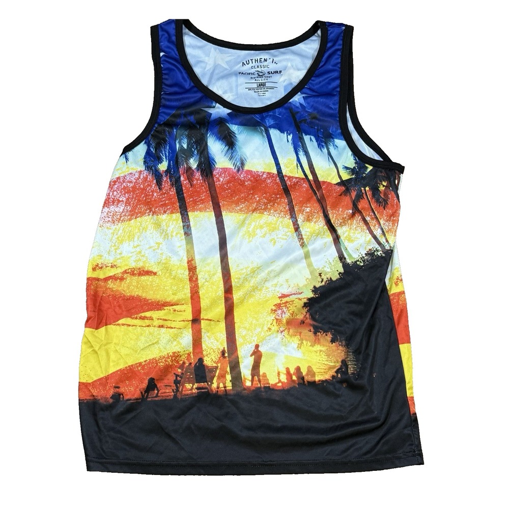 Mens Hawaii Tank Top‎ L Sunset Wave Flag Print Sleeveless Jersey Surf Volleyball